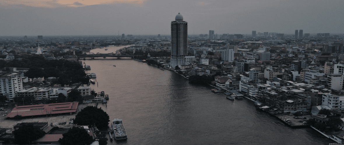 Drone shot of beautiful Chao Phraya River at Nonthaburi