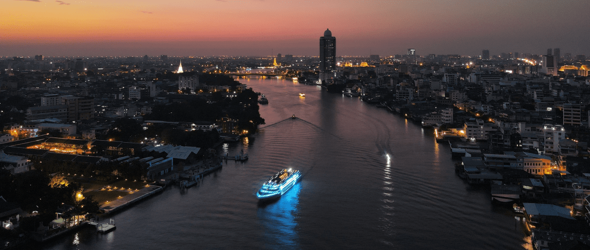 Drone shot of beautiful Chao Phraya River at Nonthaburi