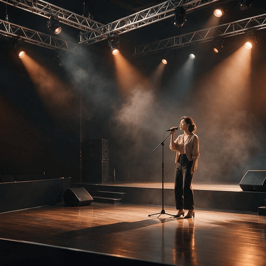 Singer performing on a lit stage