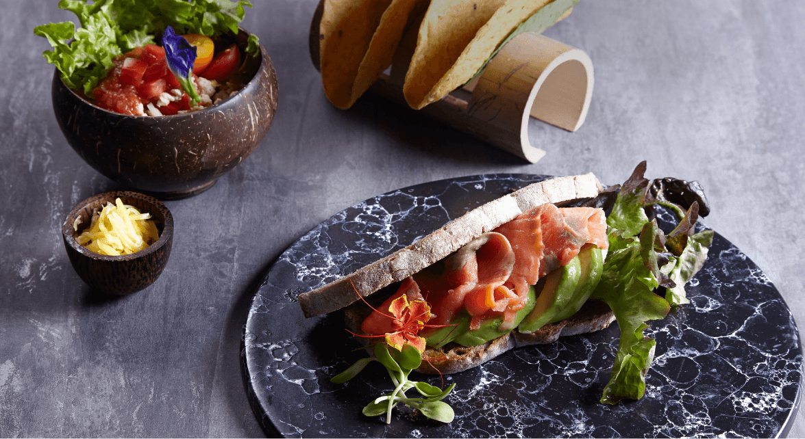 Showcase of healthy food with bread and sashimi