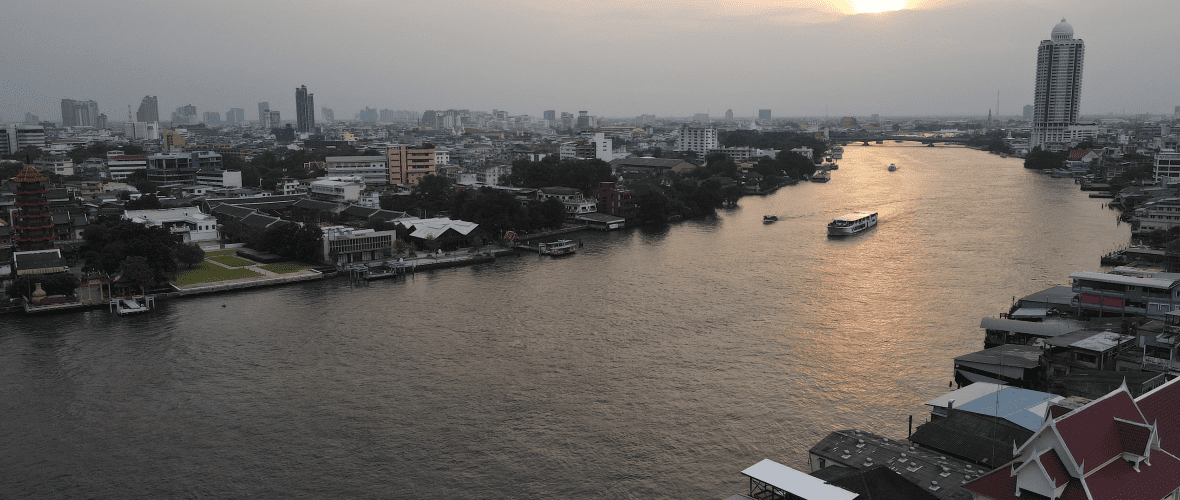 Drone shot of beautiful Chao Phraya River at Nonthaburi